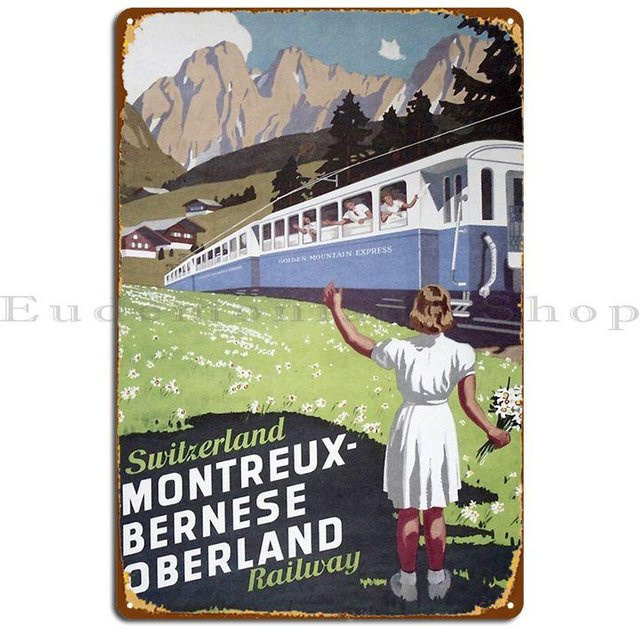 Vintage Metallschild Schweizer Alpen Zugreise Wanddeko von ZX ART, B: 40 cm, H: 30 cm, Mehrfarbig - Bild 1