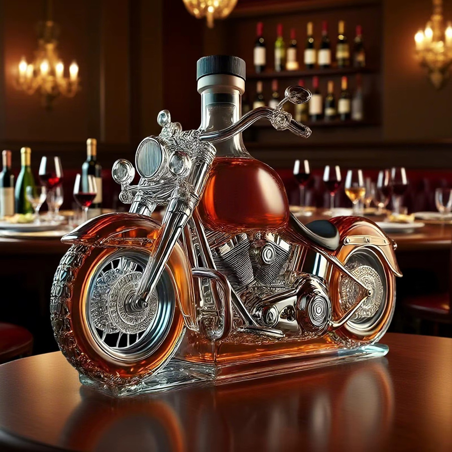 Transparenter Weindekanter aus Glas in Motorrad-Design als Vintage-Glasbelüfter für Whisky und Schnaps - Bild 3