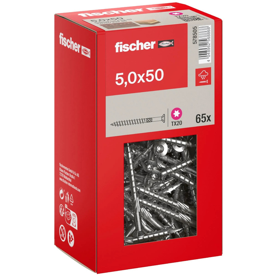 Fischer Terrassenschraube A2 Senkkopf Torx Teilgewinde aus Edelstahl in Silber, Durchmesser: 5 mm, Länge: 50 mm, 65 Stück - Bild 2