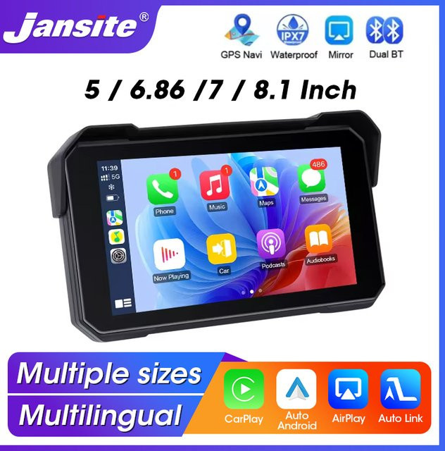 Jansite Motorrad Dashboard Display mit Carplay, Android Auto und GPS Navigation, IPX7 wasserdicht, Schwarz, 5 Zoll - Bild 1