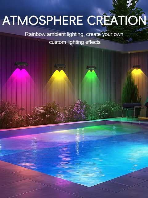 2 Stück Solar-Zaunleuchten in Schwarz mit mehrfarbiger RGB-Beleuchtung, IP67 wasserdichte Gartenwandleuchten für Terrasse und Garten - Bild 1