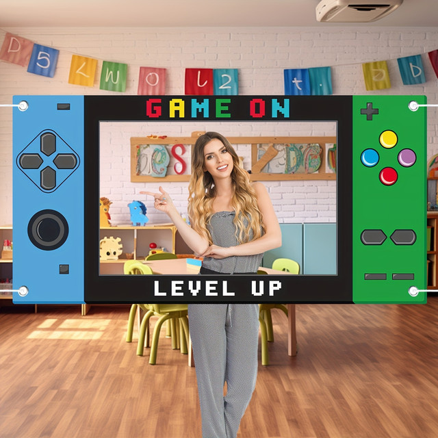 OURFETE Game On Level Up Fotobox-Rahmen mit Gamepad-Design für Videospiel-Geburtstagspartys, Mehrfarbig, Breite: 180 cm, Höhe: 90 cm - Bild 1