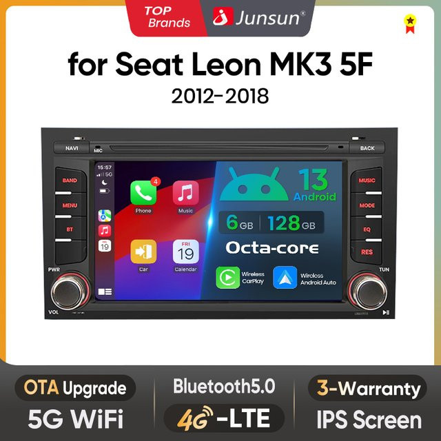 Junsun 7 Zoll Wireless Carplay und Android Auto Autoradio mit GPS für Seat Leon MK3 5F und Ibiza, Schwarz - Bild 1