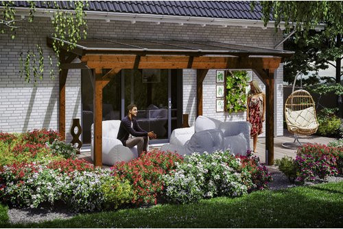 Skan Holz Terrassenüberdachung Sanremo aus Leimholz mit Polycarbonat-Dach in Nussbaum Braun, Breite: 434 cm, Tiefe: 300 cm - Bild 1