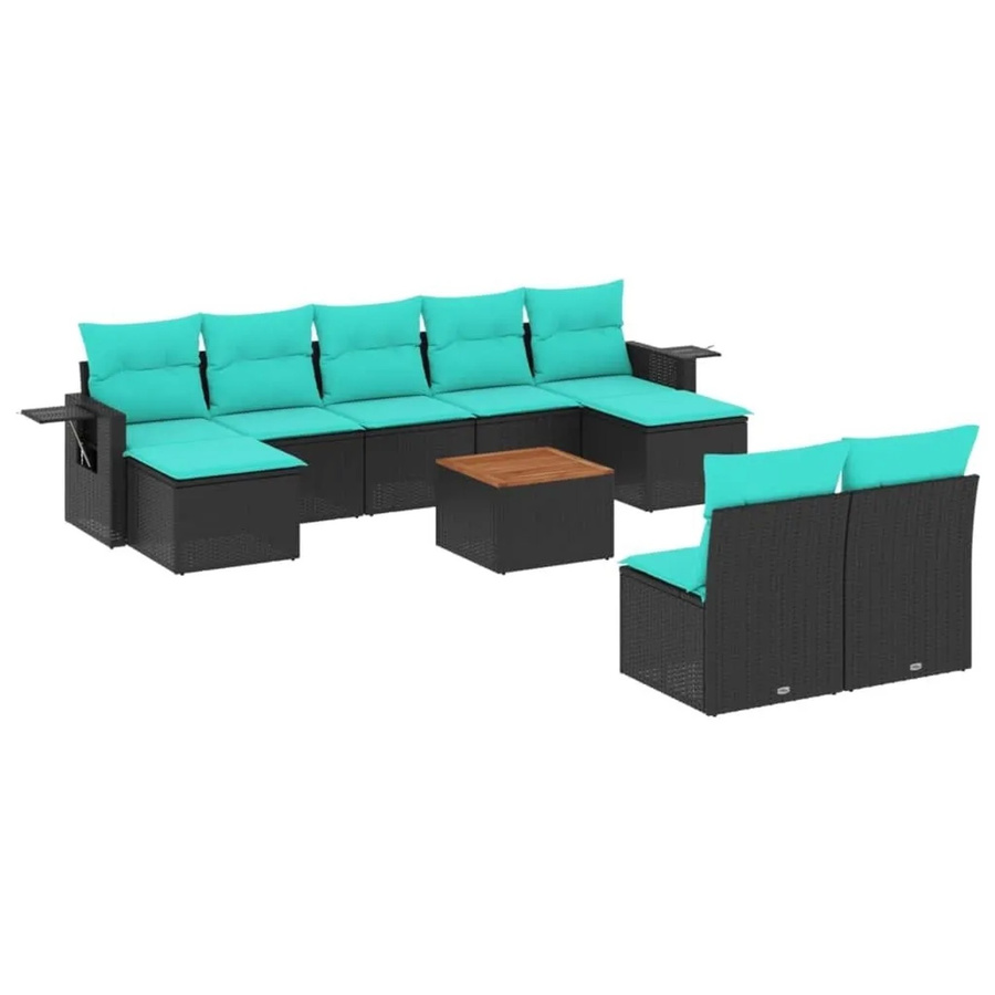 vidaXL 10-tlg. Gartensofa-Set aus schwarzem Polyrattan mit blauen Kissen und Metallgestell für Garten und Terrasse - Bild 2