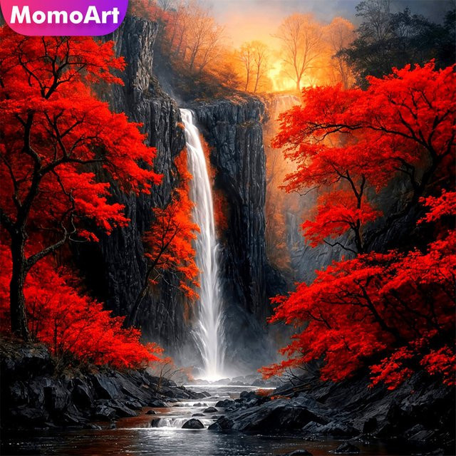 Momoart Diamantmalerei Berglandschaft mit Wasserfall und Bäumen, Rundes Mosaik-Bild in Herbstfarben - Bild 1