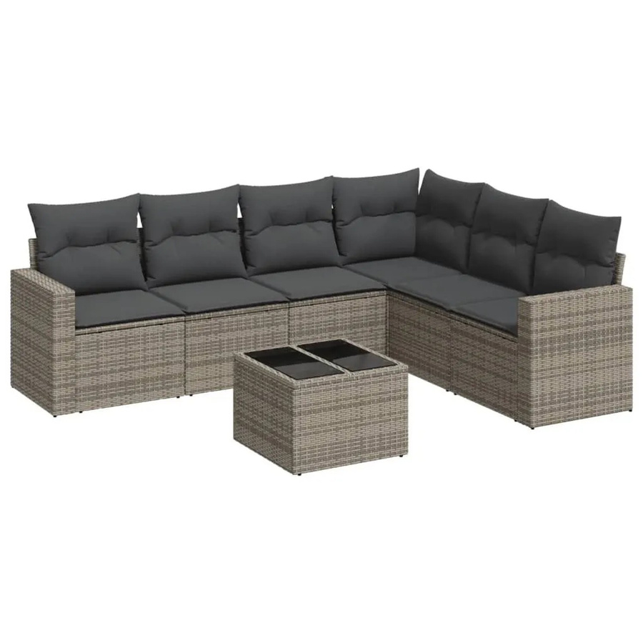 vidaXL 7-tlg. Garten-Sofagarnitur in L-Form aus grauem Poly-Rattan mit Kissen und pulverbeschichtetem Stahlgestell - Bild 2