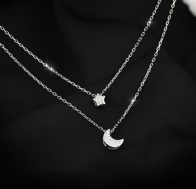 Doppelte Halskette Damen, 925 Sterling Silber, Stern-Mond-Anhänger, 40cm, grau - Bild 1