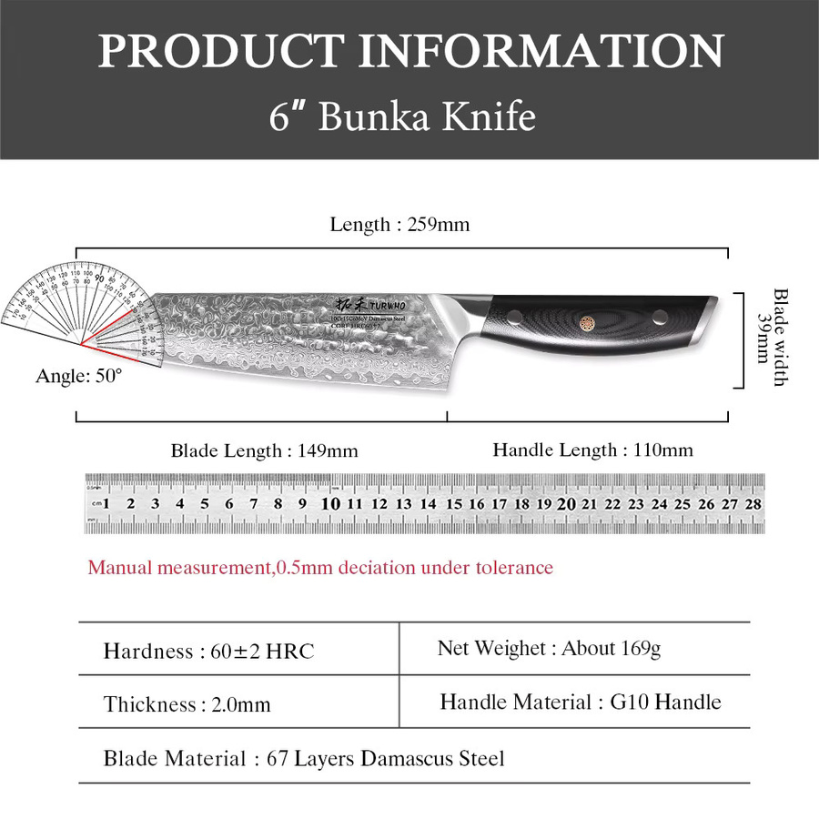 TURWHO Bunka Kiritsuke Kochmesser aus 67-lagigem Damaszener Stahl, 15,24 cm Allzweckmesser für die professionelle Küche - Bild 6