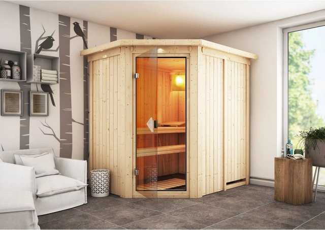 Karibu Sauna Cleo LED-Dachkranz in Natur mit Profilholz aus Fichtenholz und Espenholz, Farbe: Brown, B/T/H: 210 x 165 x 202 cm - Bild 1