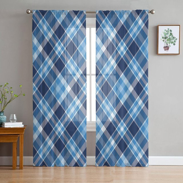 Super Six Tüllvorhang aus Chiffon mit blauem Streifenmuster und Farbverlauf, transparent, B/H: 135 x 114 cm - Bild 1