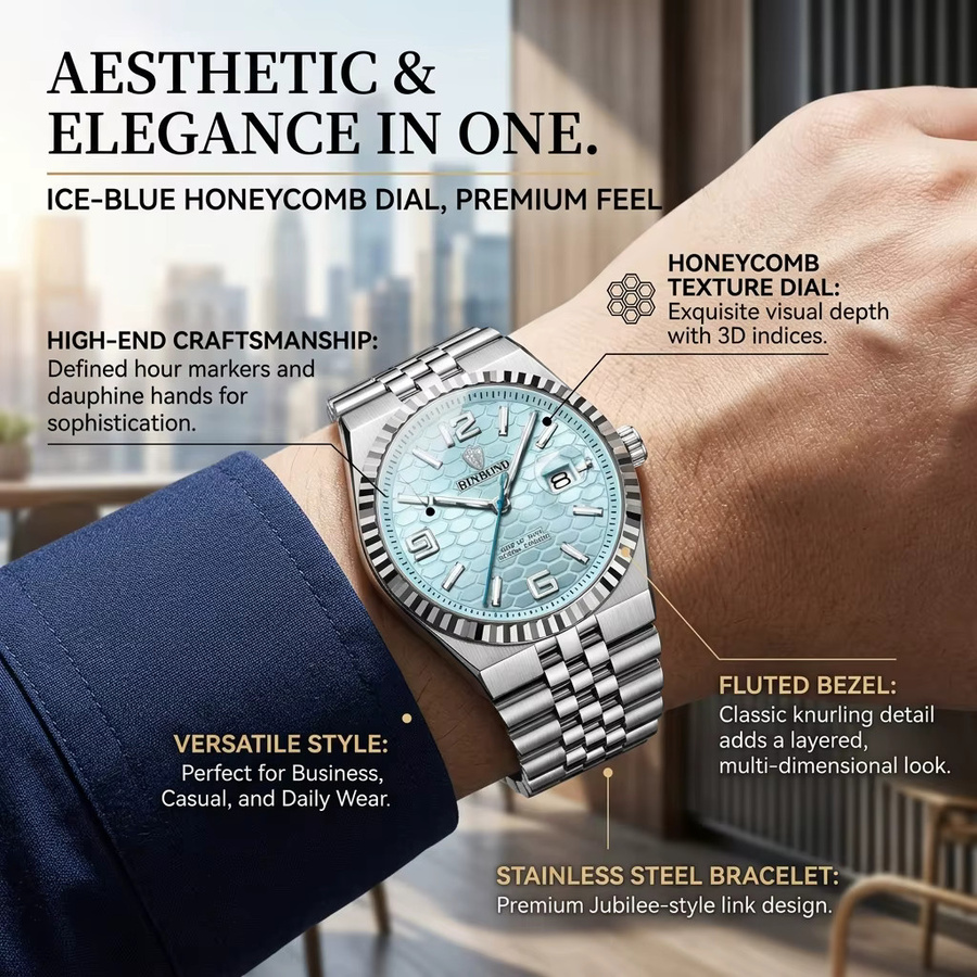 BINBOND Armbanduhr Edelstahl, Quarz, Blau, Silber, Unisex, Datum - Bild 5