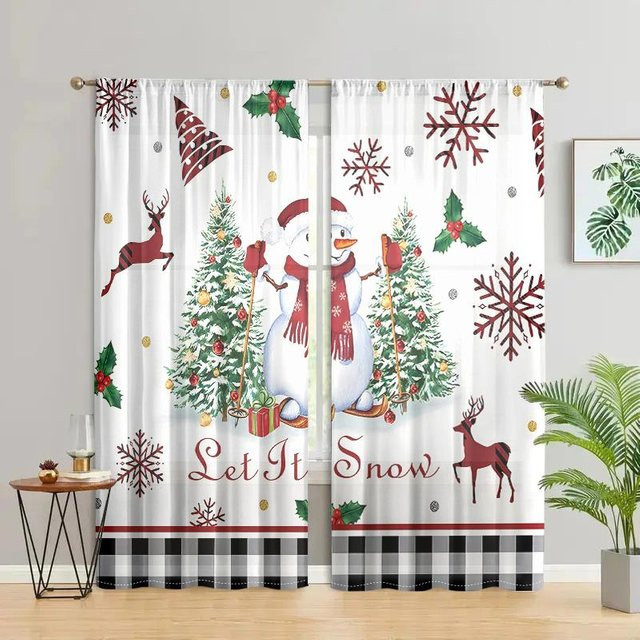 2er-Set Weihnachtsvorhänge mit Schneemann und Schneeflocken Motiv, Farbe Weiß, B: 150 cm, H: 166 cm - Bild 1