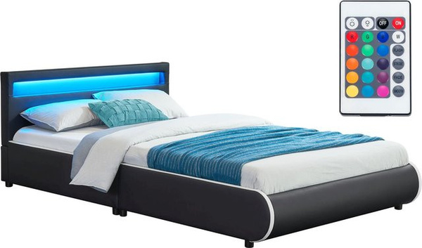 Juskys Polsterbett Sevilla Jugendbett mit LED Beleuchtung und Lattenrost, schwarz, B/T: 140 x 200 cm