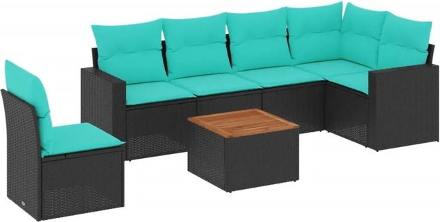 vidaXL 7-teilige Garten-Sofagarnitur in L-Form aus Poly-Rattan und Akazienholz mit Kissen in Schwarz - Bild 1