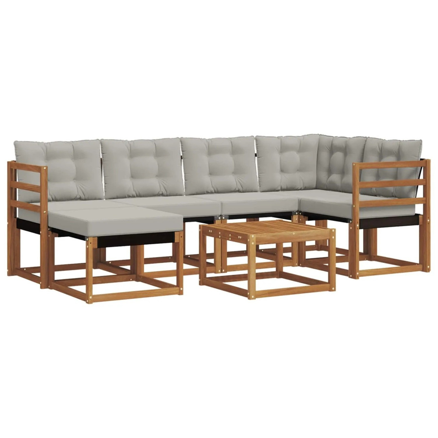 vidaXL Outdoor-Sofagarnitur 7-teilig aus Akazienholz und Textilene in L-Form mit Kissen, Farbe: Natur und Hellgrau - Bild 2