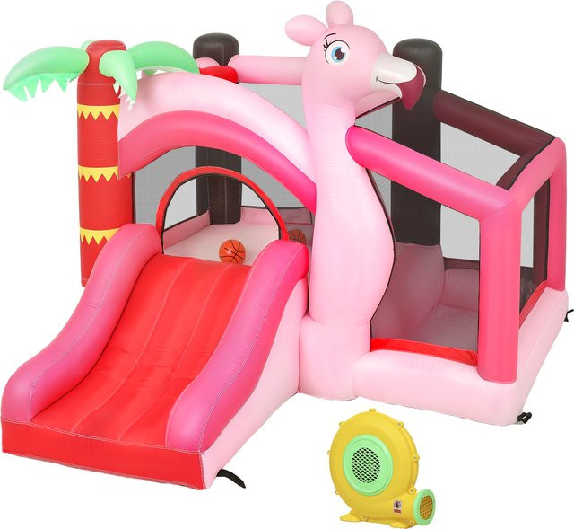 Aosom Hüpfburg für Kinder, mit Gebläse, Rutsche, Trampolin, Bällebad, Basketballkorb, Flamingo-Design, Innen und Außen - Bild 1