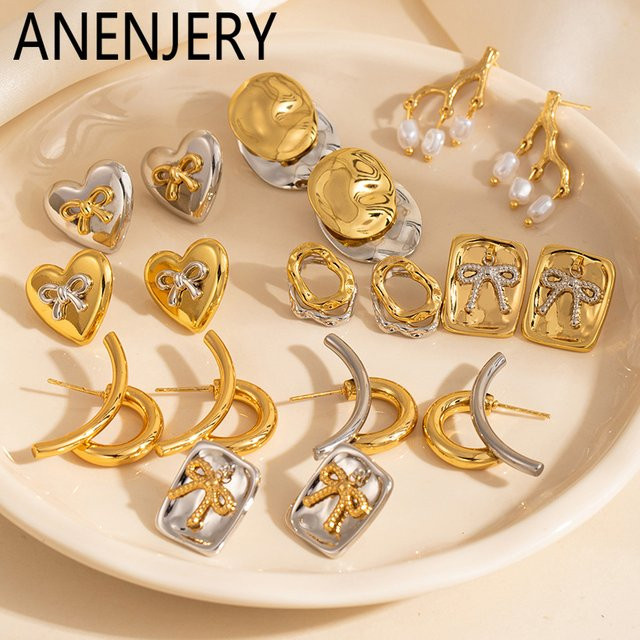 ANENJERY Ohrringe, Edelstahl, Perle, Gold, Damen, Vintage - Bild 1