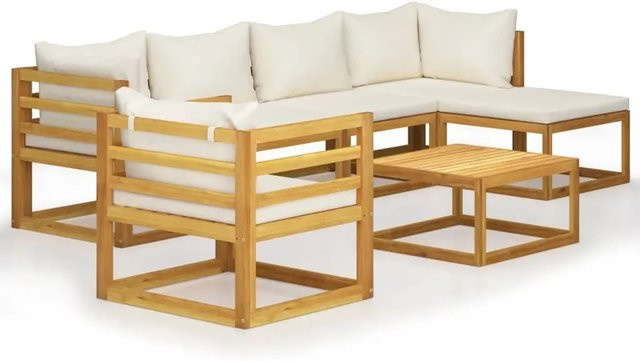 vidaXL 7-teiliges Garten-Lounge-Set aus massivem Akazienholz in L-Form mit beigefarbenen Auflagen - Bild 1
