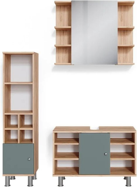 Vicco Badmöbelset Fynn in Grün/Goldkraft Eiche, 3-teilig mit Waschtischunterschrank Breite: 80 cm, Spiegelschrank und Midischrank - Bild 2