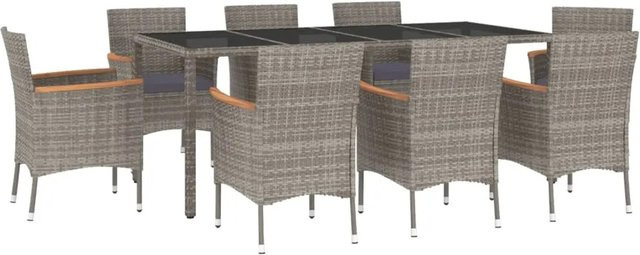 vidaXL 9-tlg Garten-Essgruppe aus Poly Rattan und Akazienholz in Grau mit Hartglas-Tischplatte - Bild 1
