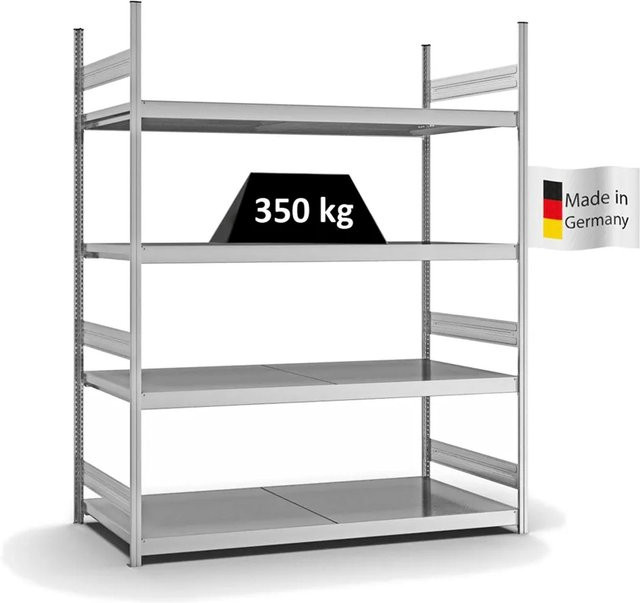PROREGAL Weitspannregal Stecksystem T-Profil mit 4 Ebenen und Stahlplatten, verzinkt, Farbe: Silber, H x B x T: 250 x 200 x 80 cm - Bild 1