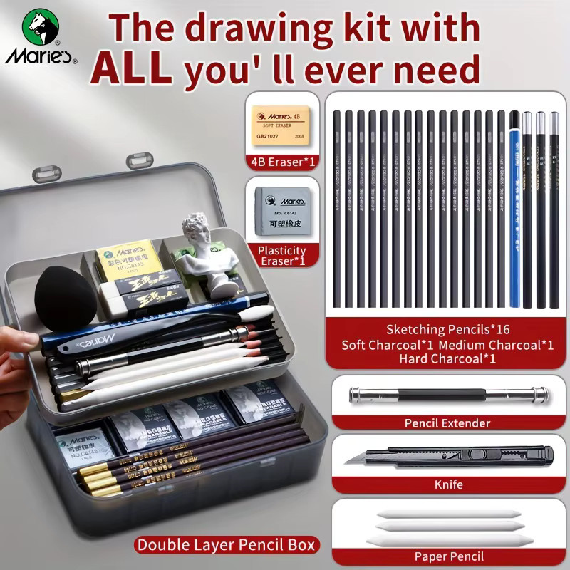 Marie's Bleistift-Set mit doppellagiger Box für Erwachsene, 27-teiliges Set mit Kohle, Graphit, Bleistiften, Radiergummis und Anspitzer zum Malen und Schreiben - Bild 2