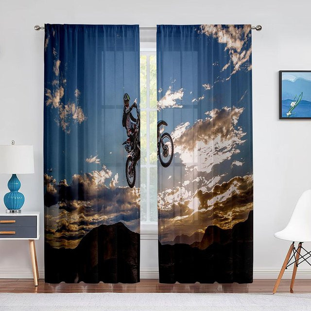 Yiran Furniture Tüllvorhänge mit Motiven von Dirtbike-Motorrad-Motocross-Fahrern, 2er-Set, transparent blau, B: 70 cm, H: 165 cm - Bild 1
