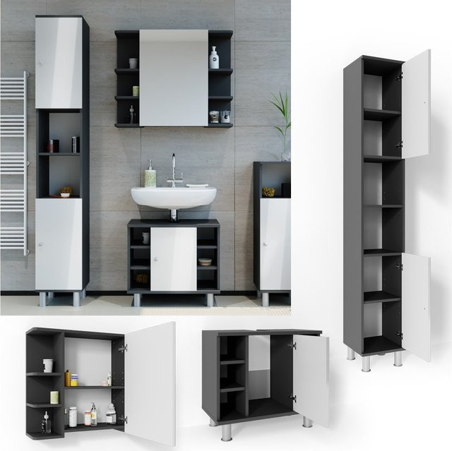 Vicco Badmöbel Set FYNN 3-teilig in Anthrazit und Weiß Hochglanz mit Hochschrank, Spiegel und Badunterschrank - Bild 1