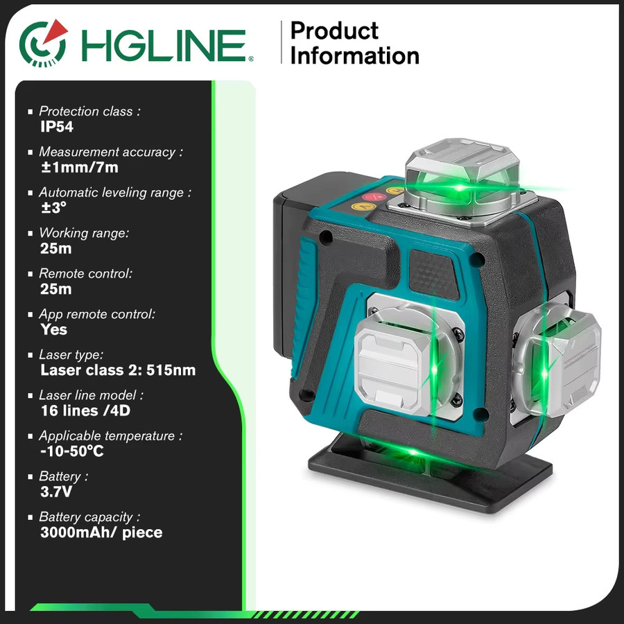 HGLINE 16-Linien 4D Laser-Nivelliergerät mit Leistungsanzeige und automatischer 360 Grad Nivellierung für horizontale und vertikale Kreuzlaser-Messungen - Bild 2