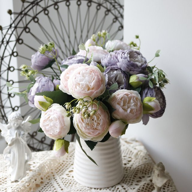 Uflower Seiden-Pfingstrosenstrauß in Rot mit 5 großen Köpfen und 4 kleinen Knospen, künstliche Blumen für Hochzeiten und Heimdekoration, Höhe: 30 cm - Bild 1