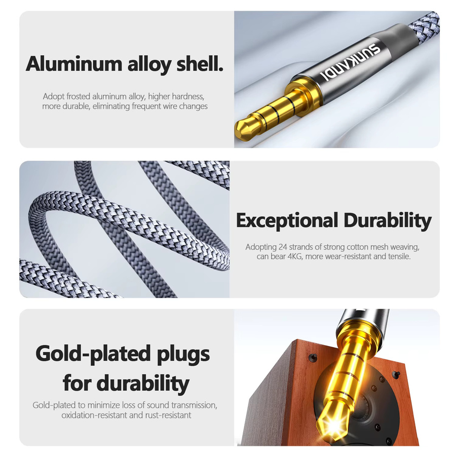 SUNKANDI 3,5 mm Audiokabel grau, geflochtenes TRRS 4-poliges AUX-Kabel für Hi-Fi-Stereo, Stecker auf Stecker für Kopfhörer, Lautsprecher und Tablets - Bild 4