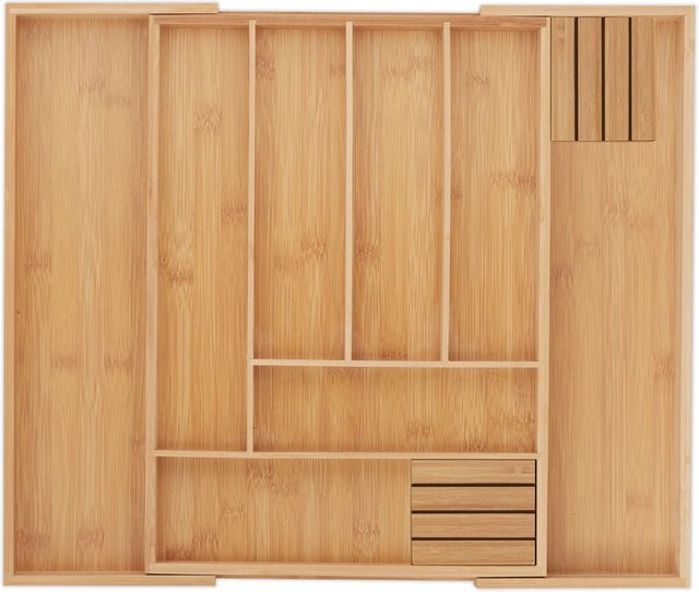 Relaxdays Besteckkasten aus Bambus und MDF in Natur, ausziehbar und breitenverstellbar mit 2 Messerblöcken, B/T/H: 32 x 43 x 5 cm bis 52 x 43 x 5 cm - Bild 1