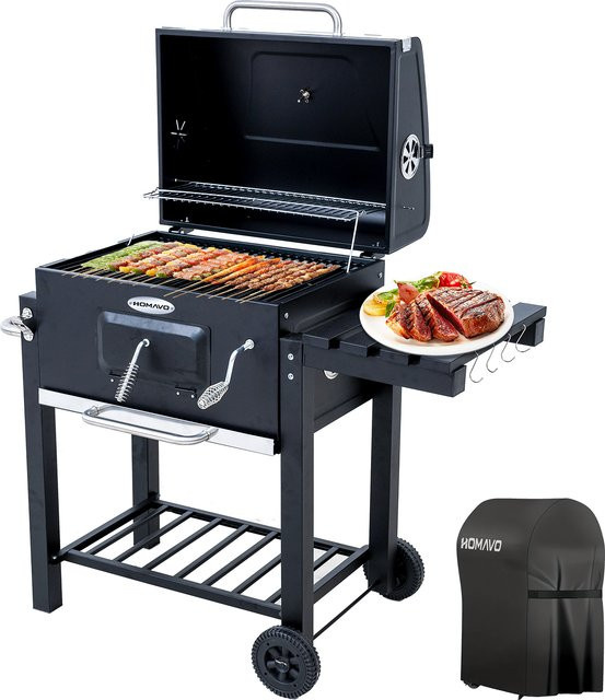 HOMAVO Holzkohlegrill mit Deckel in Schwarz mit höhenverstellbarer Kohlenwanne und faltbarem Seitentisch, Grillfläche: Breite: 56 cm, Tiefe: 42,5 cm - Bild 1