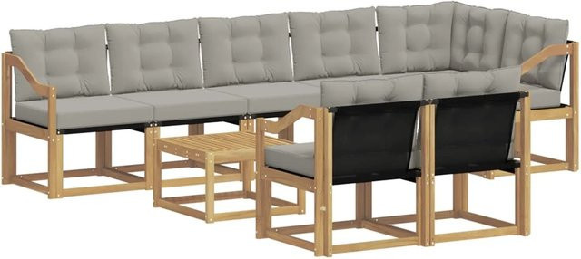 vidaXL Outdoor-Sofagarnitur 9-teilig aus Akazienholz mit Textilene und Kissen in Weiß und Hellgrau - Bild 1