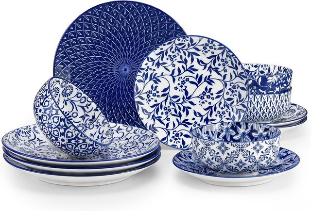 vancasso Porzellan Geschirr-Set Blau-Weiß mit Speisetellern, Desserttellern und Cerealschüsseln - Bild 1