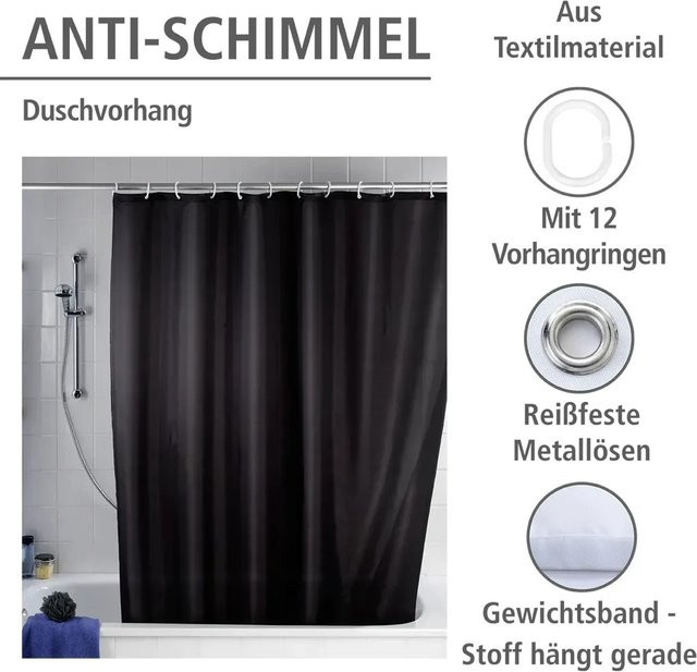 Wenko Anti-Schimmel Duschvorhang aus Polyester, Schwarz, B: 200 cm, H: 180 cm - Bild 1