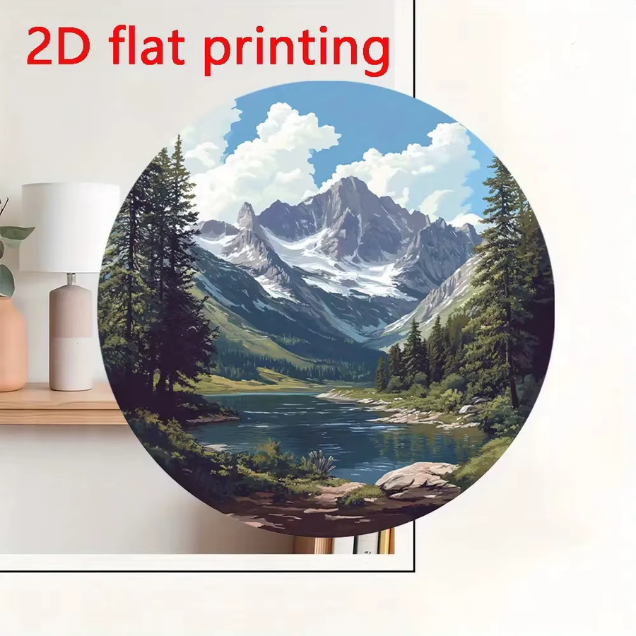 Potdemiel Vintage Metall-Wandkunst Landschaft mit Berg, See und Kiefern, rund, Mehrfarbig, Durchmesser: 20,3 cm - Bild 2
