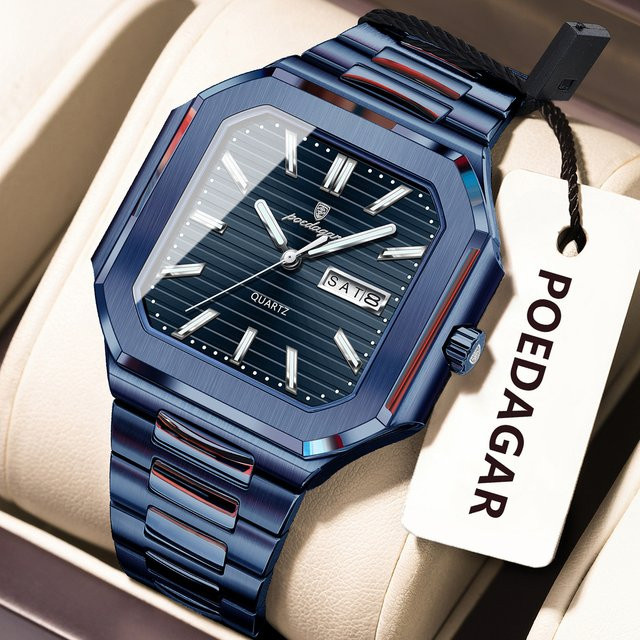 POEDAGAR Armbanduhr Quarz, Edelstahl, Schwarz, Rechteckig, Herren - Bild 1