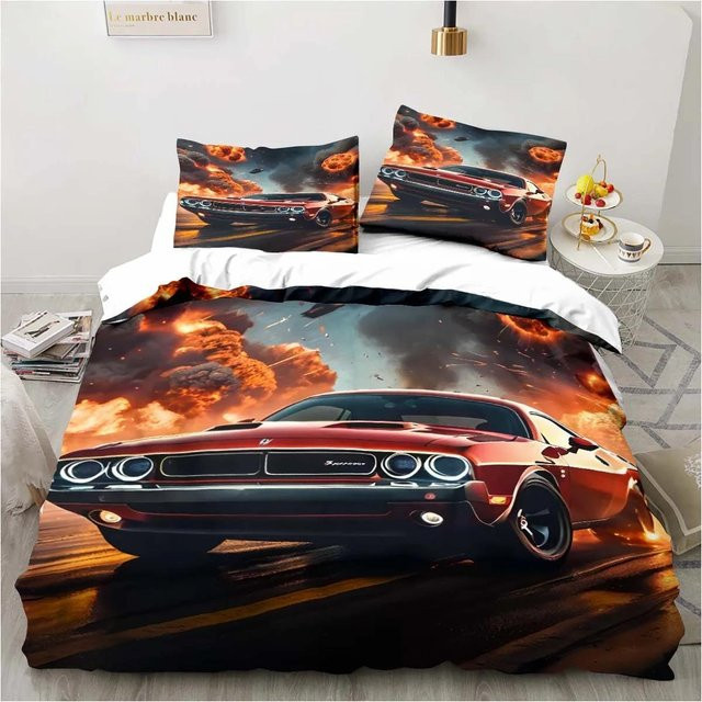 Gu Tao Bettwäsche-Set Retro Dodge Srt Hellcat Racing in Rot, bestehend aus Bettbezug und Kissenbezügen, B/H: 172 x 218 cm - Bild 1