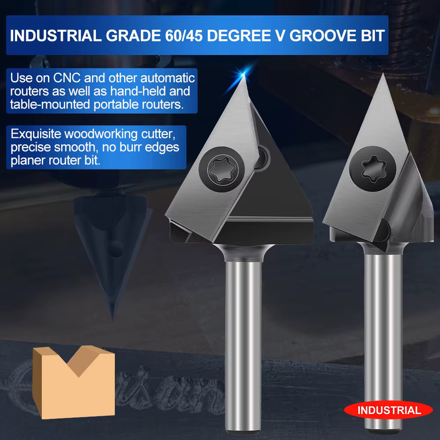 XCAN V-Nut-Fräser mit Hartmetall-Einsatz für Holzgravur, 45/60 Grad, 6mm Durchmesser, 1/4 Schaft, Farbe: Silber - Bild 2