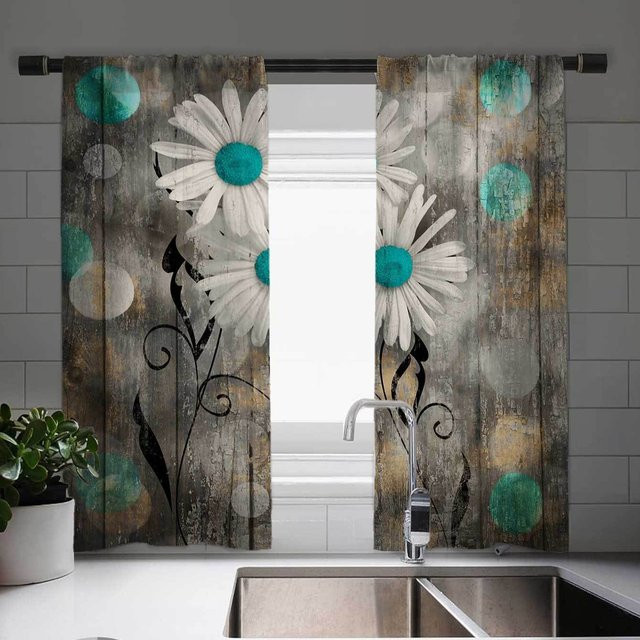Vintage Sonnenblumenmuster Vorhangset aus Polyester mit Jacquard-Webart, 2 Café-Paneele, Mehrfarbig, Breite: 135 cm, Höhe: 185 cm - Bild 1