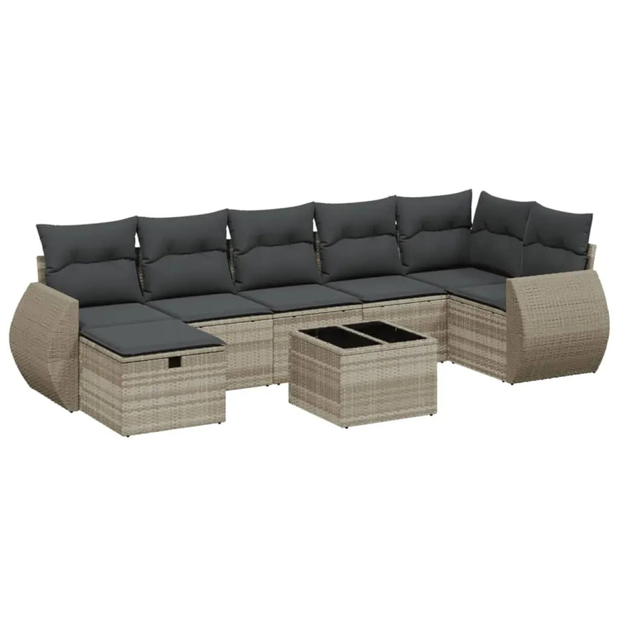 vidaXL 8-tlg Garten-Sofagarnitur in L-Form aus Poly Rattan mit Kissen und Glastisch in Grau - Bild 2