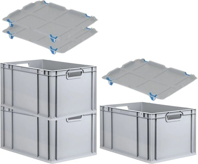 PROREGAL SuperSparSet 3x Eurobox NextGen Grip mit Auflagedeckel und blauen Schiebeschnappverschlüssen, Grau, H x B x T: 32 x 40 x 60 cm - Bild 1