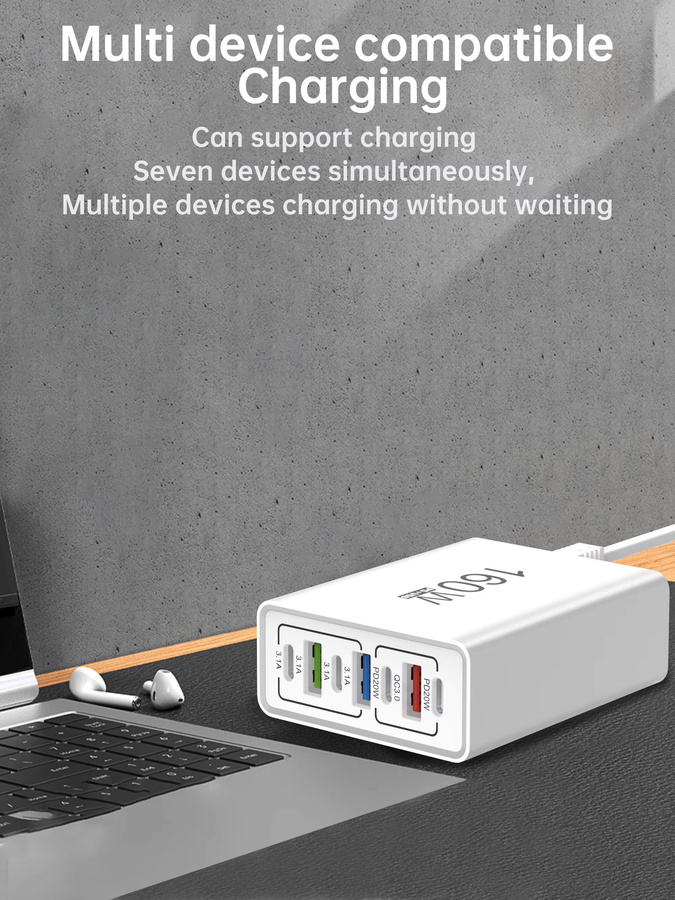 160W USB-Schnellladegerät mit PD und QC3.0 Typ-C Ladeadapter in Weiß für iPhone, Samsung und Xiaomi - Bild 7