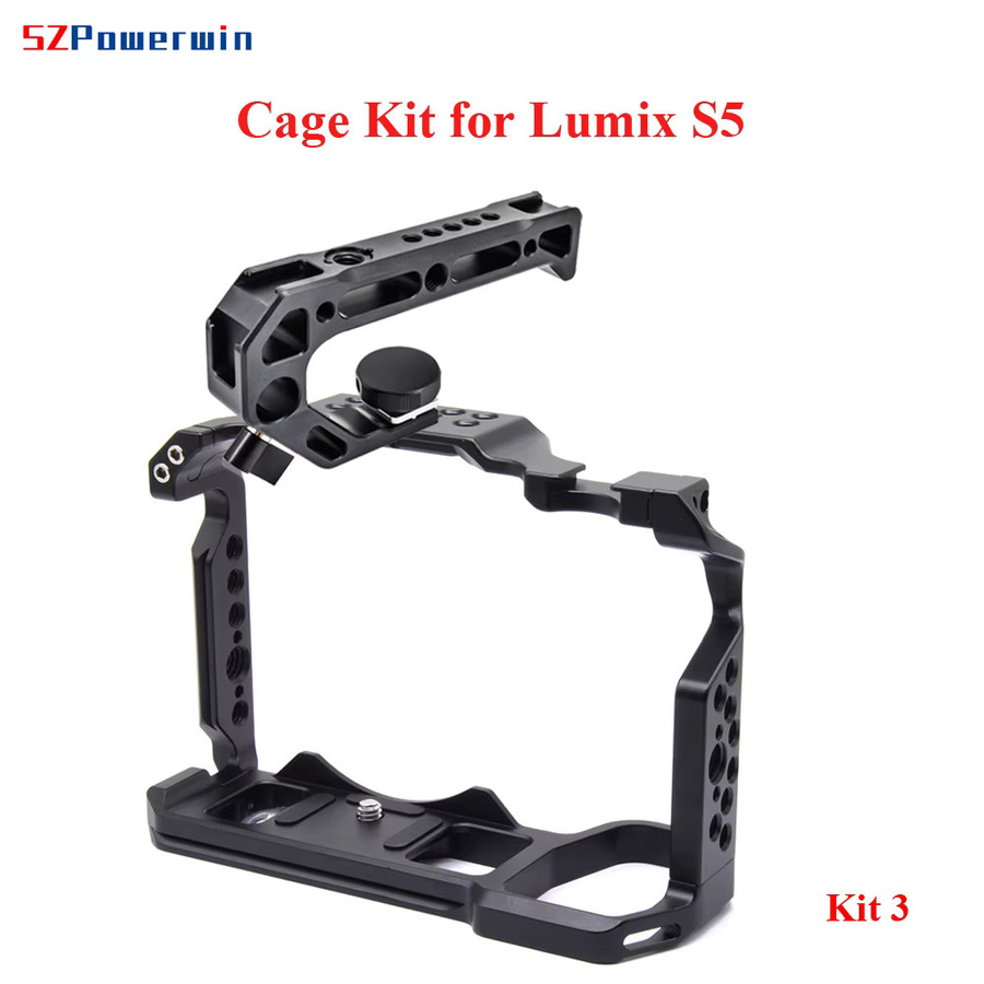 Powerwin Kamerakäfig für Panasonic S5 in Schwarz mit Holz-Handgriff-Set aus Aluminiumlegierung und Arri-Positionierungsschraube - Bild 2