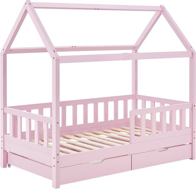 Juskys Kinderbett Marli Hausbett aus Kiefernholz mit Bettkasten und Dach in Pink, B/T/H: 90 x 200 cm - Bild 1