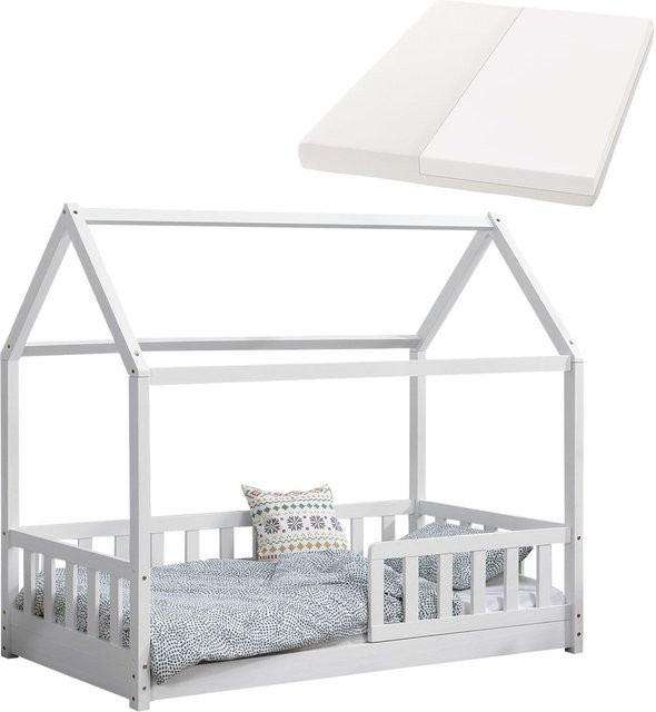 Juskys Kinderbett Marli Hausbett in Weiß mit Matratze, Gitter und Lattenrost, B/T/H: 80 x 160 cm - Bild 1