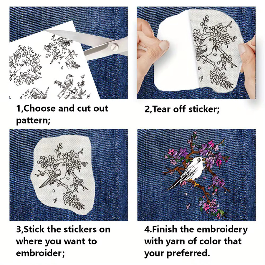 Wasserlöslicher Stickstabilisator mit 18 Vogel- und Blumendesigns, 4 Blatt Transferpapier für Stick & Stitch, Weiß, Breite: 29,7 cm, Höhe: 23,6 cm - Bild 2