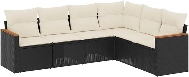 vidaXL 6-teilige Garten-Sofagarnitur in L-Form aus Poly-Rattan und Akazienholz mit Kissen in Schwarz - Bild 1